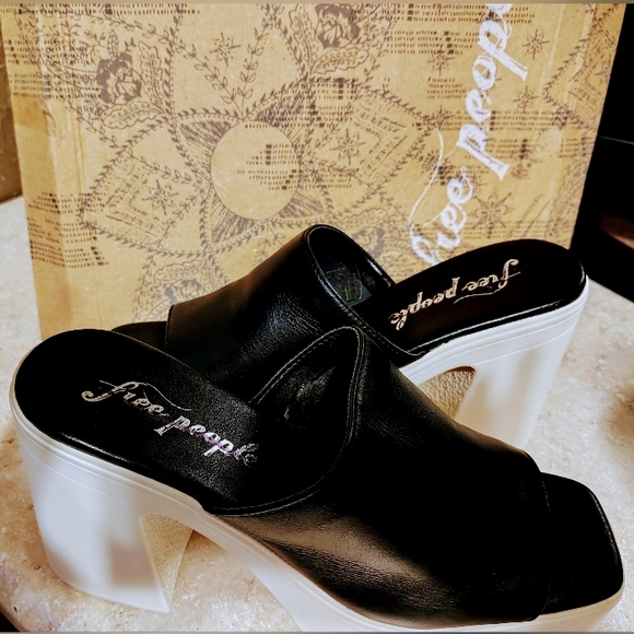 Free People Zoe Platform Leather Slide Sandal Size 9 Black & White - Picture 6 of 9